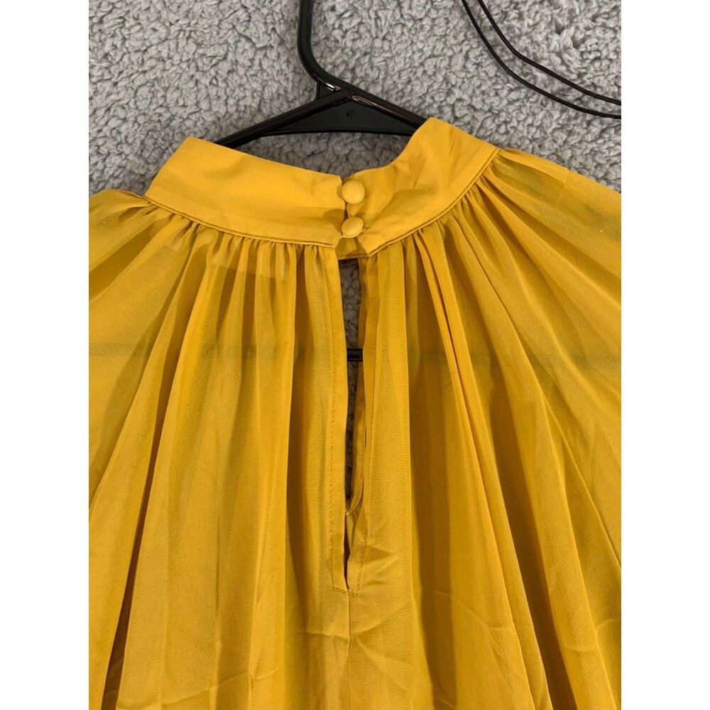Yellow Pleated Mock Neck Blouse Long Adjustable Ribbon Sleeve Size (M) Medium - Picture 6 of 12